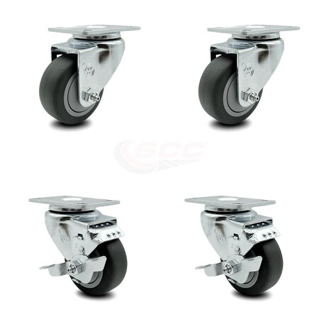 Service Caster 3.5 Inch Thermoplastic Rubber Wheel Swivel Top Plate Caster Set with 2 Brake SCC SCC-20S3514-TPRB-2-TLB-2